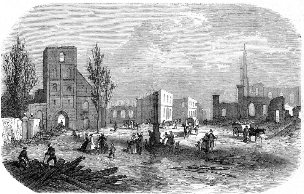 De markt te Enschede, na den brand van 7 mei 1862, teekening van C.C.A. Last.