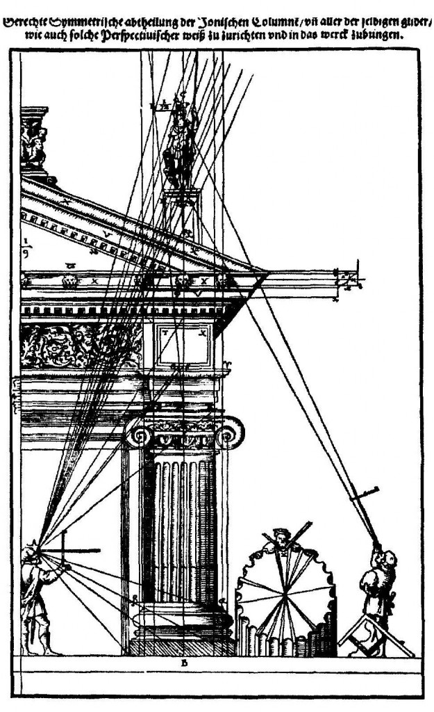 Afb. 9. Afbeelding van de optische correctie met Ionisch kapiteel voorzien van astragaal met daarboven een eierlijst volgens de Vitruvius-vertaling van Walter Ryff (Gualtherius Rivius), Nürnberg 1548.